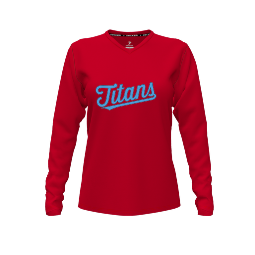 [CUS-DFW-TEES-CMF-VNK-LSL-RED-FYXS-LOGO2] Decker Comfort T-Shirt (Female Youth XS, Red, V Neck, Logo 2, Long Sleeve)